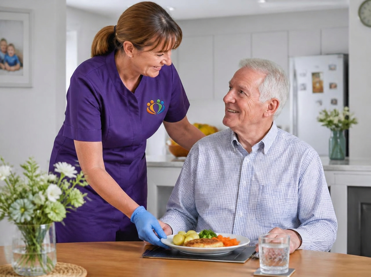 A carer in a purple Community Care Partners uniform and blue disposable gloves serving a home-cooked meal to an elderly man in his kitchen