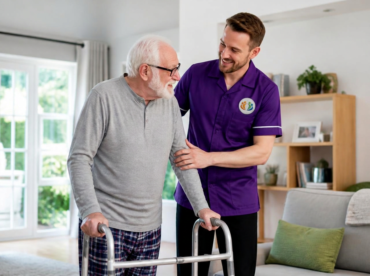 A reablement support worker in a purple Community Care Partners uniform helping an elderly man walk confidently at home