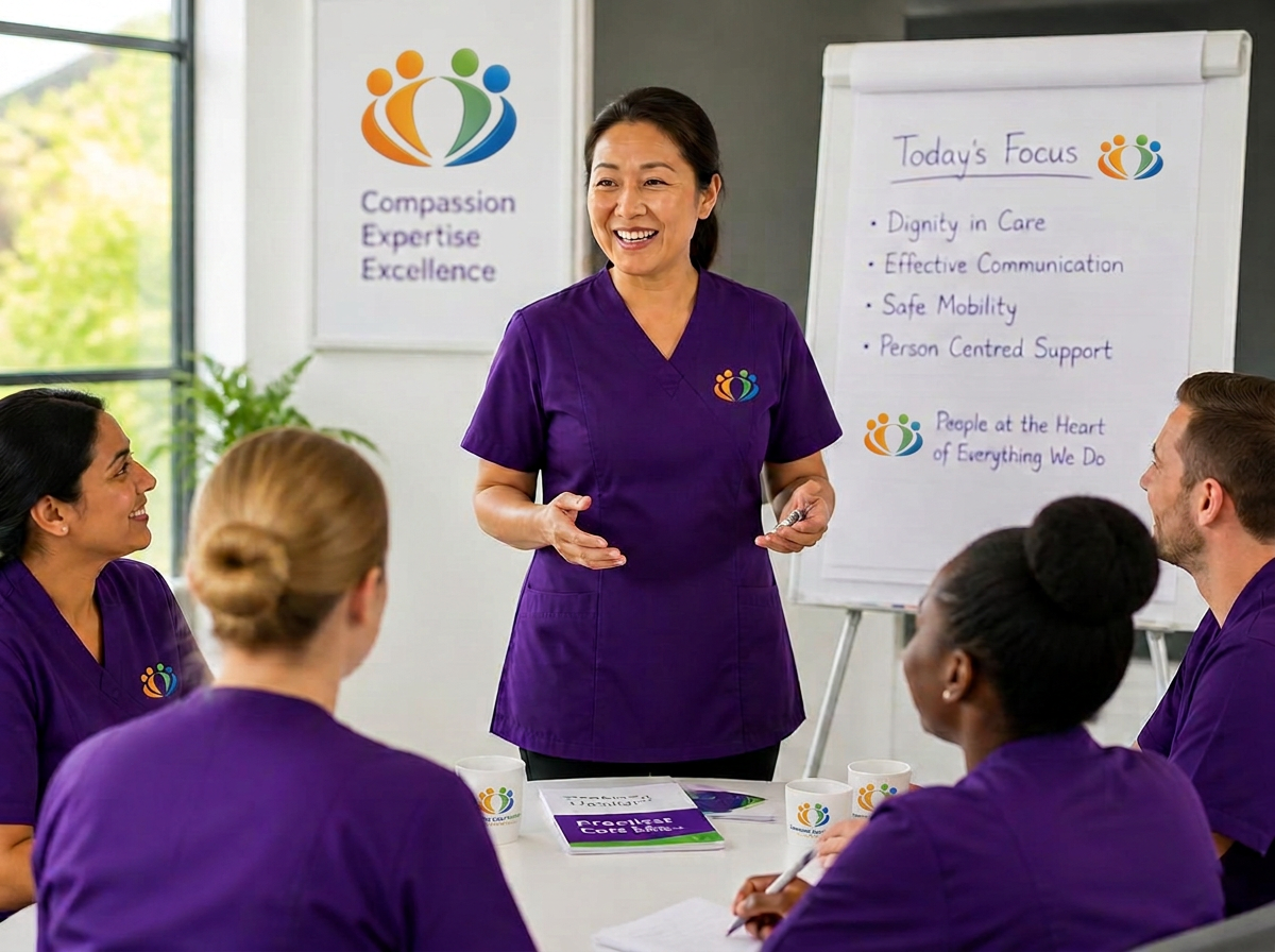 A trainer in a purple Community Care Partners uniform leading an engaging care training session
